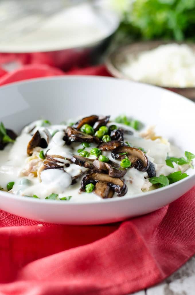 Mushroom Ravioli With Sherried Mushrooms Chicken Peas And Four