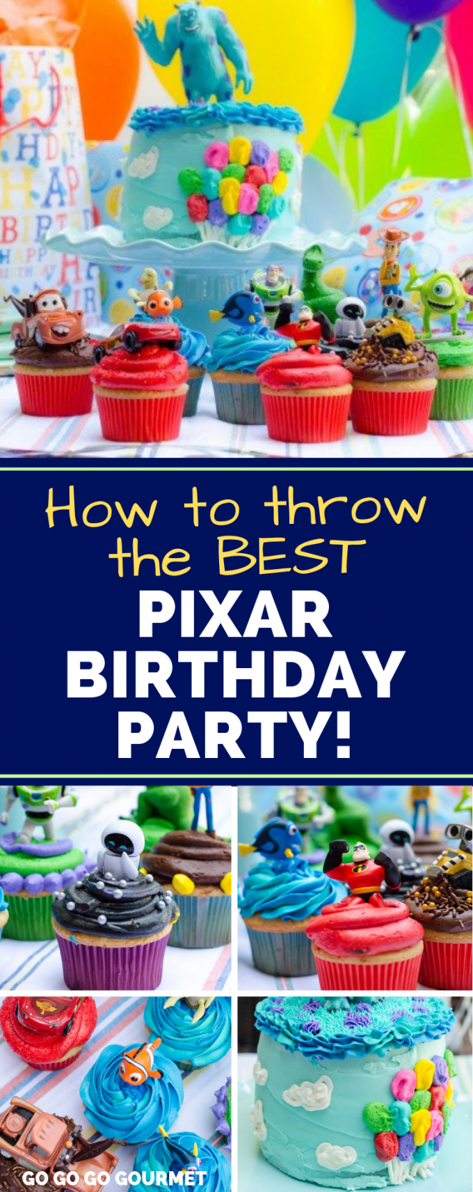 What do you do when a little boy is turning 3 and LOVES Disney and Pixar movies?? Why you throw him a Pixar party, complete with a Pixar cake and 13 individually themed Pixar cupcakes! #gogogogourmet #pixar #disney #pixarbirthday #pixarbirthdaycake via @gogogogourmet