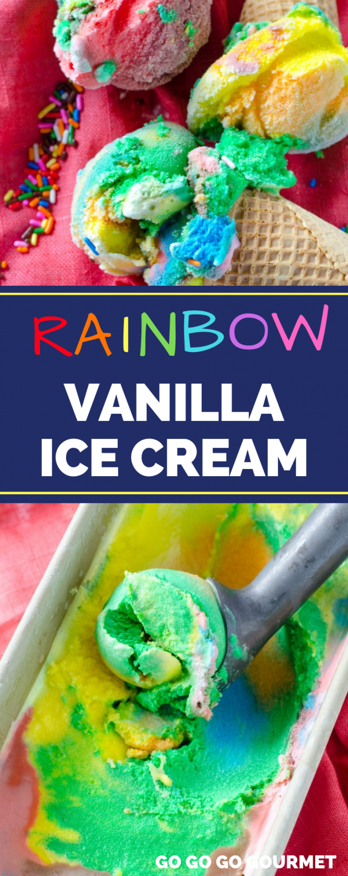 This Vanilla Rainbow Ice Cream recipe is a work of art! Perfect to go alongside cake or on a cone at an party, these neon colors will bring a smile to everyone's face! You won't believe the easy of how to make rainbow ice cream at home! #gogogogourmet #rainbowicecream #vanillaicecream #vanillarainbowicecream #homemadeicecream via @gogogogourmet