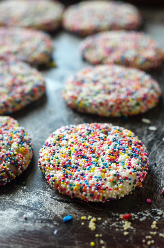 Close up of soft cookies with sprinkles on a tray