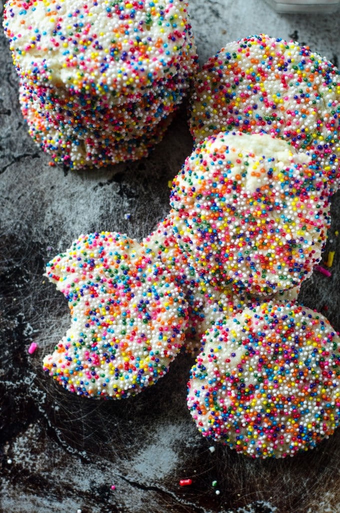 Overhead view of a stack of rainbow sprinkle cookies