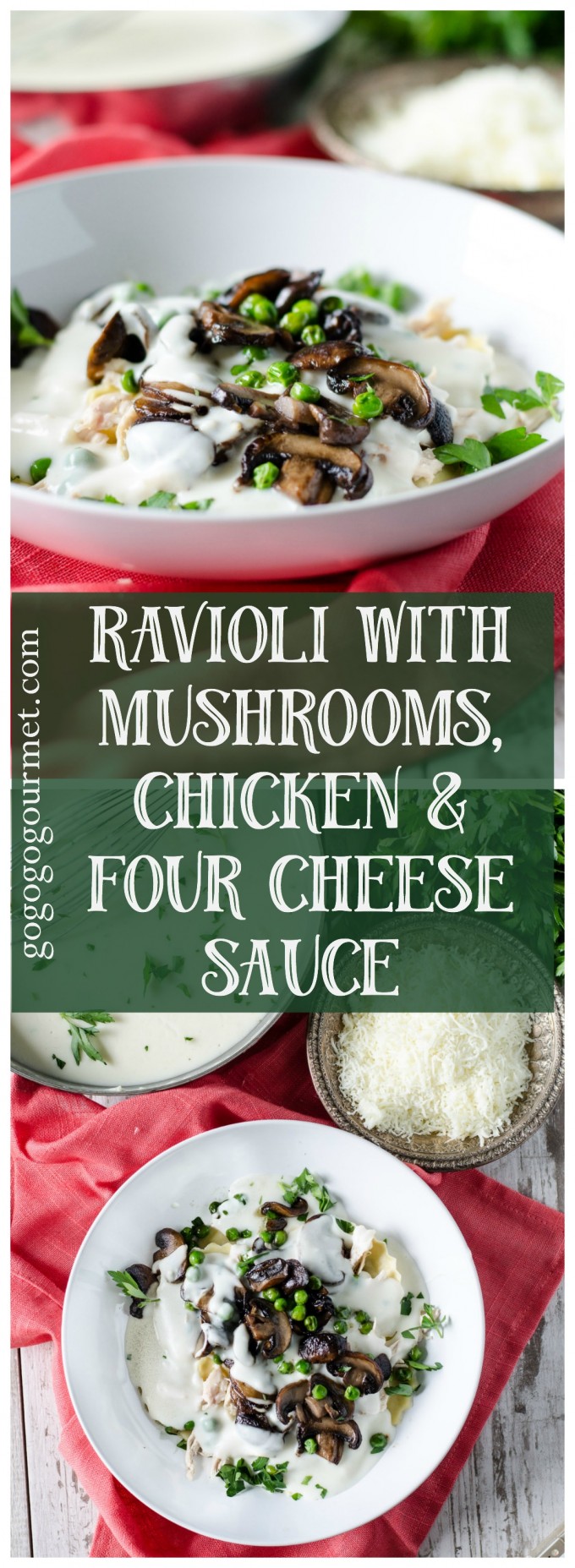 Mushroom Ravioli with Sherried Mushrooms, Chicken, Peas and Four Cheese Sauce via @gogogogourmet