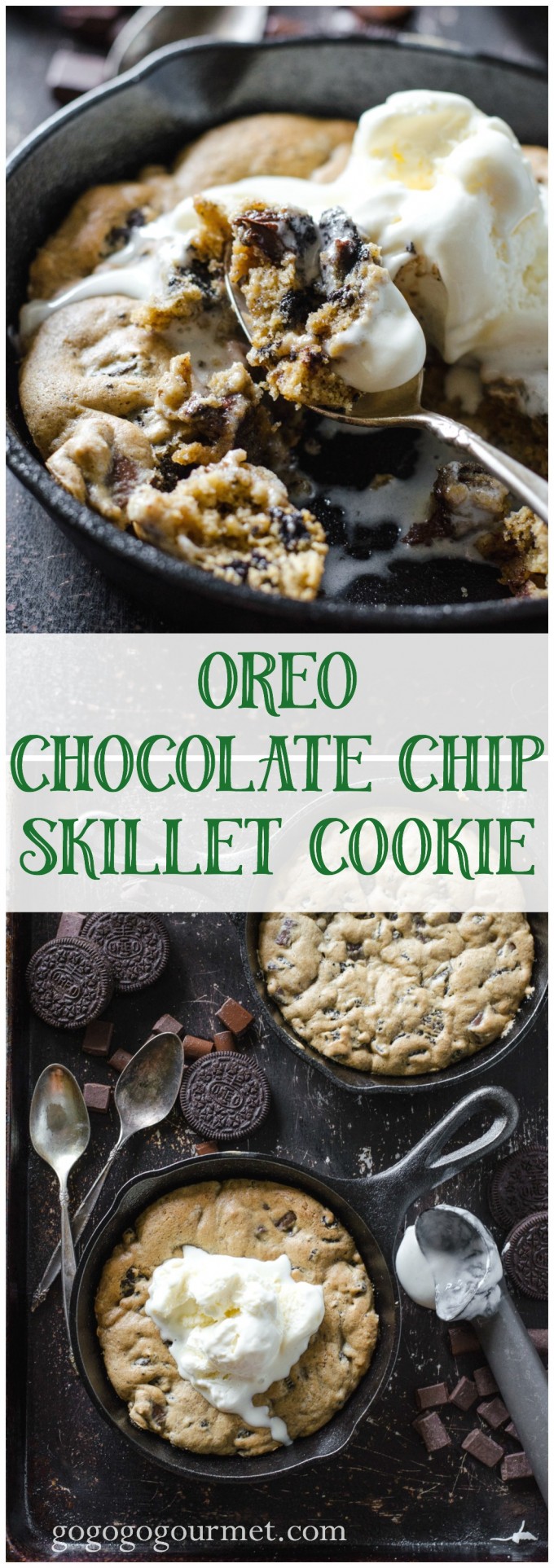 Unbelievable chocolate chip cookie, plus Oreo, warm from the oven and topped with ice cream. Did I mention it's single serving?? Oreo Chocolate Chip Skillet Cookie @gogogogourmet via @gogogogourmet