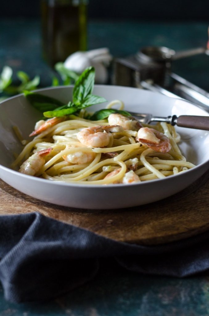 Bucatini and Shrimp in Garlic Basil Cream Sauce Go Go Go Gourmet