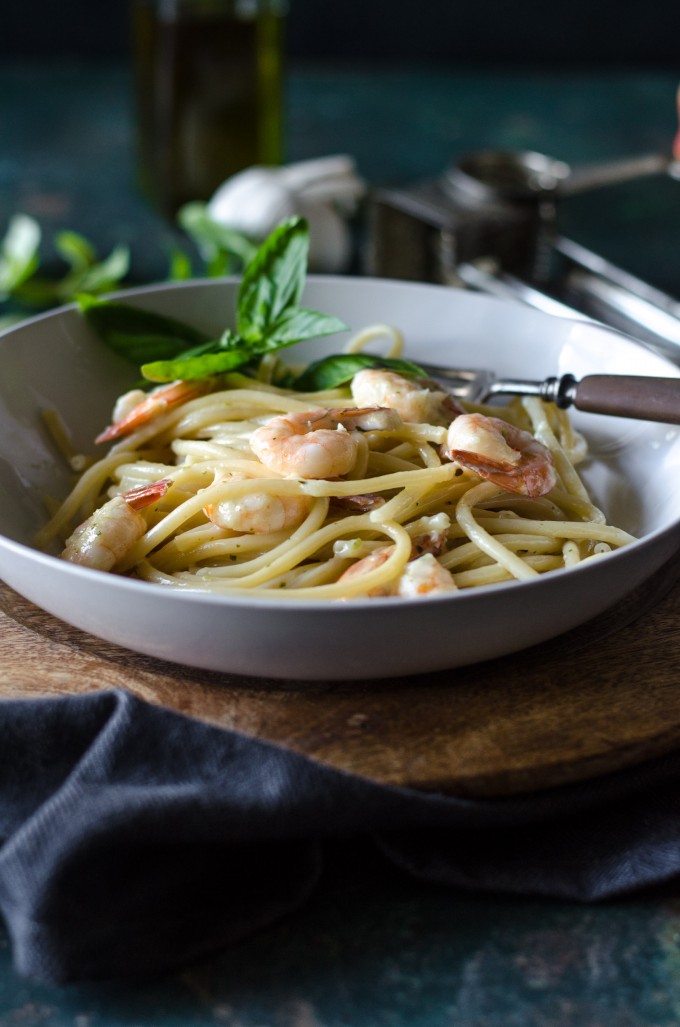 Bucatini and Shrimp in Garlic Basil Cream Sauce | @gogogogourmet