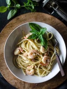 Bucatini and Shrimp in Garlic Basil Cream Sauce | @gogogogourmet