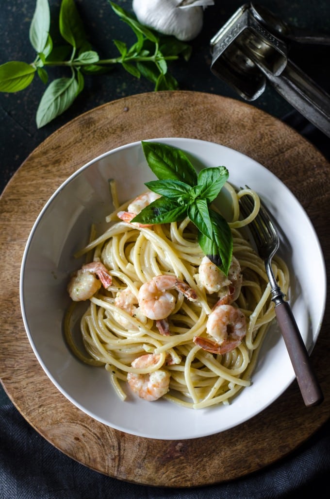 Bucatini and Shrimp in Garlic Basil Cream Sauce | @gogogogourmet