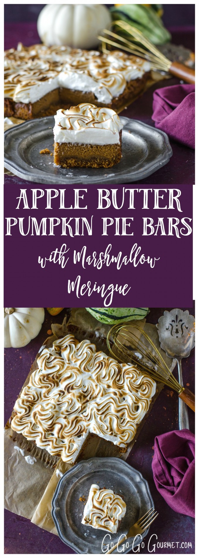 These Apple Butter Pumpkin Pie Bars with Marshmallow Meringue Topping make the perfect fall dessert for the holidays! Thanksgiving and Christmas won't be the same without this easy recipe on your dessert table! #gogogogourmet #applebutterpumpkinpiebars #pumpkinbars #pumpkinrecipes #thanksgivingdesserts via @gogogogourmet