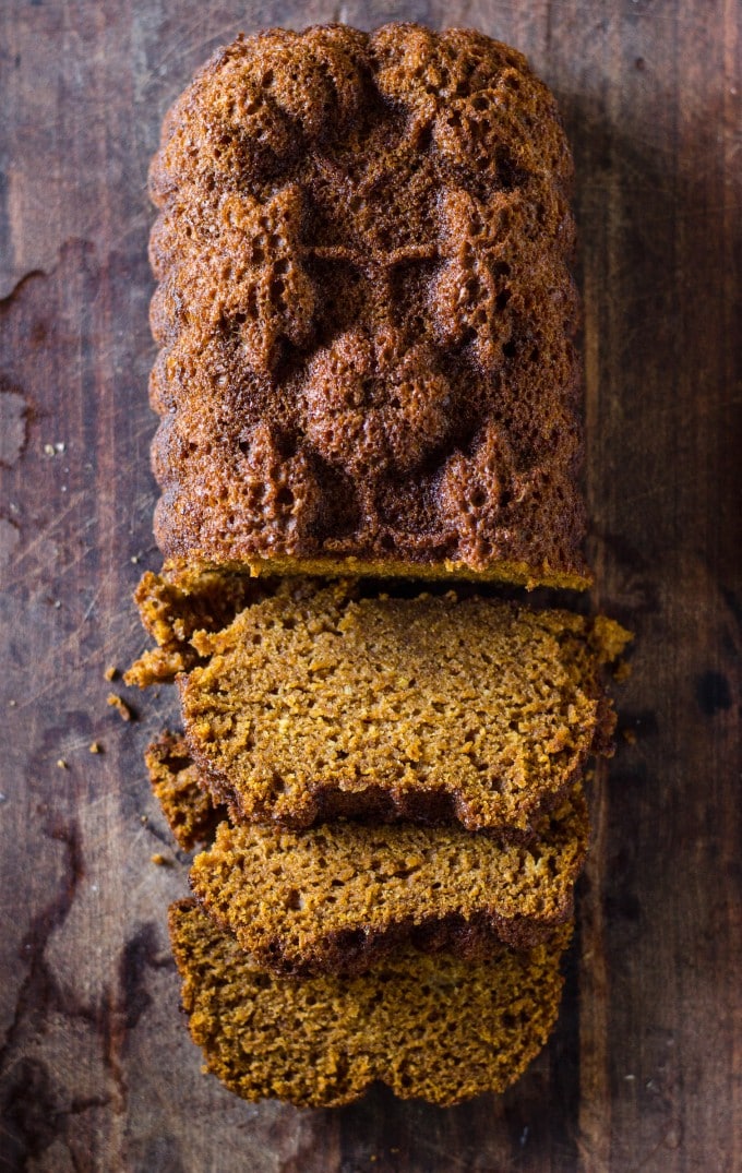 Overhead shot of sliced apple cider pumpkin bread