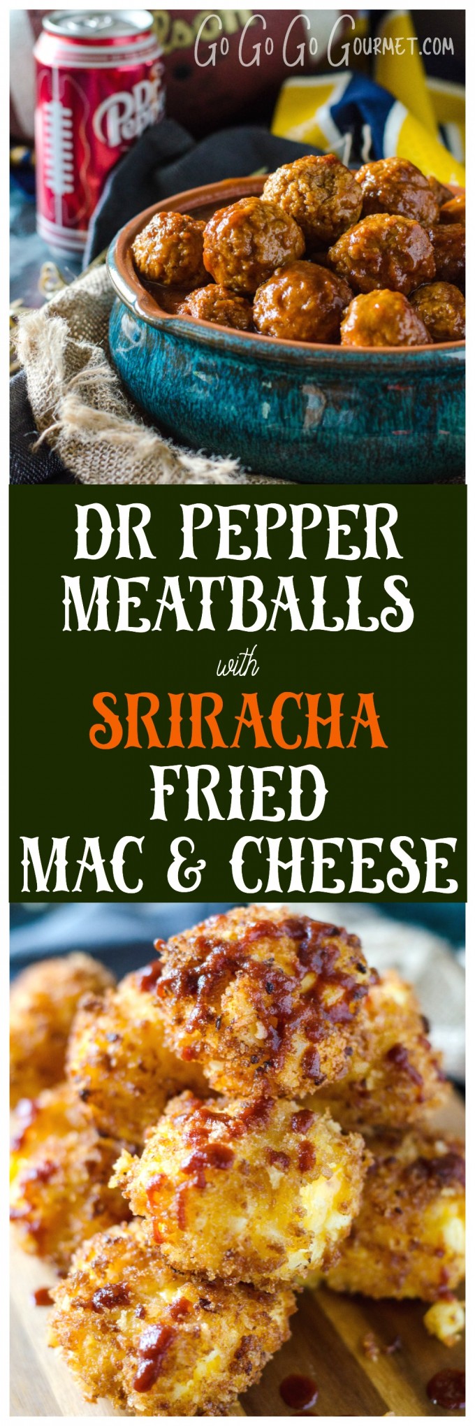 Dr Pepper Crockpot Meatballs with Sriracha Fried Mac & Cheese Bites