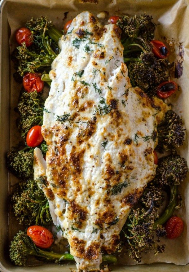 EASY One Pan Baked Grouper Recipe with Broccolini and Tomatoes