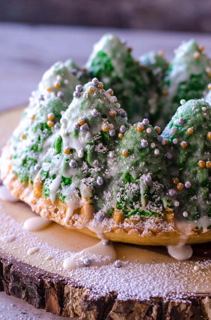 Close up of Snowy Christmas Tree cake Christmas desserts