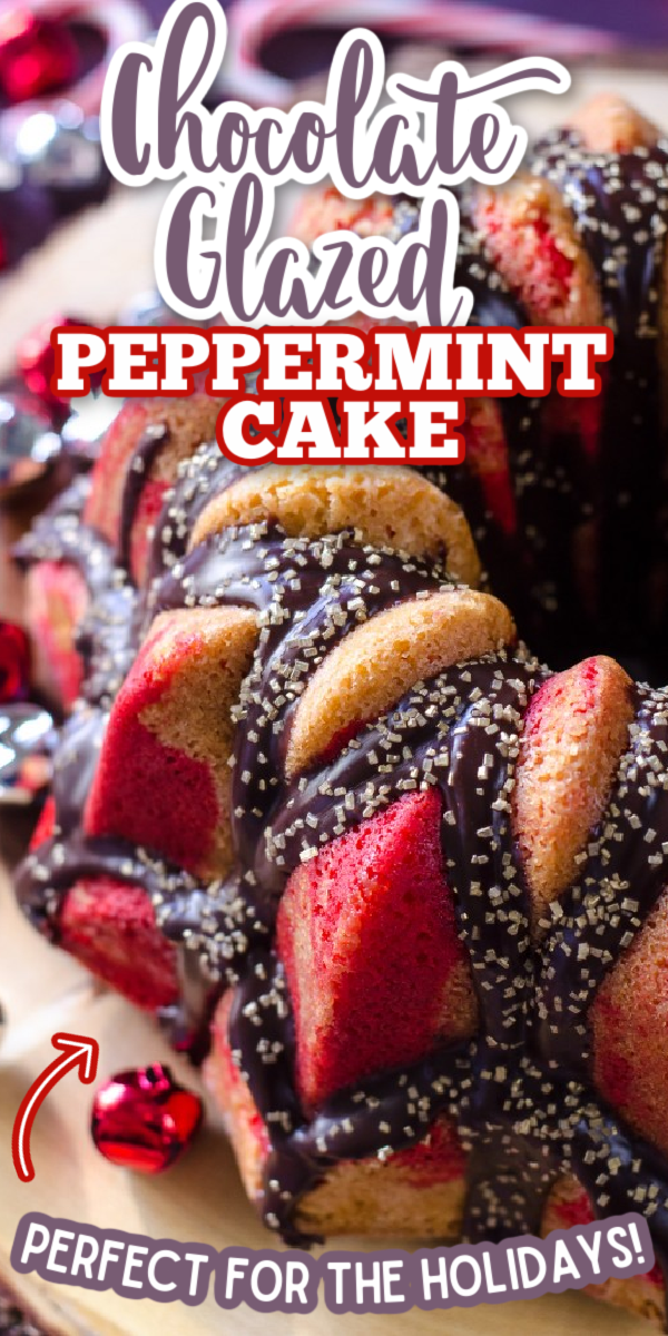 This easy Chocolate Glazed Peppermint Cake recipe is the perfect cake for the holiday! Your Christmas desserts won't be complete without this red and white showstopper! #gogogogourmet #chocolateglazedpeppermintcake #peppermintchristmascake #easychristmasdesserts via @gogogogourmet