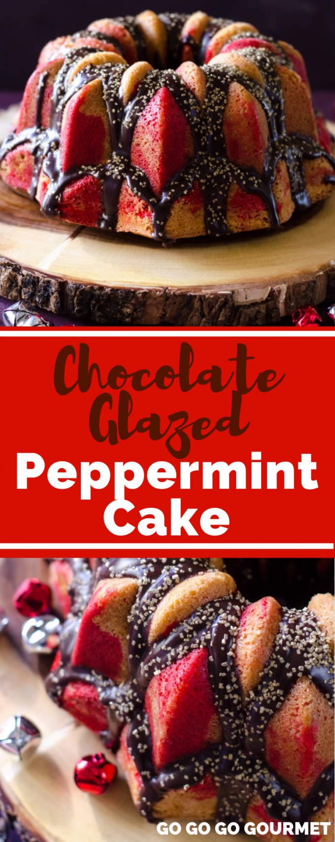 This easy Chocolate Glazed Peppermint Cake recipe is the perfect cake for the holiday! Your Christmas desserts won't be complete without this red and white showstopper! #gogogogourmet #chocolateglazedpeppermintcake #peppermintchristmascake #easychristmasdesserts via @gogogogourmet