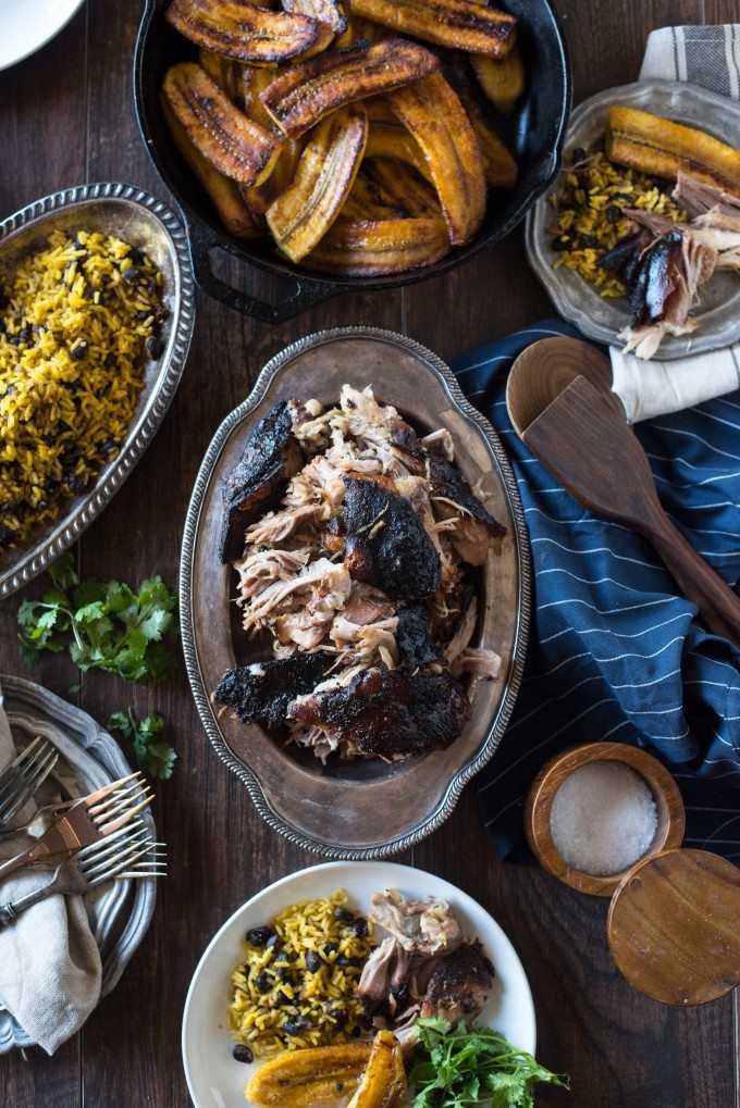 Pernil, yellow rice and beans, and plantains from overhead