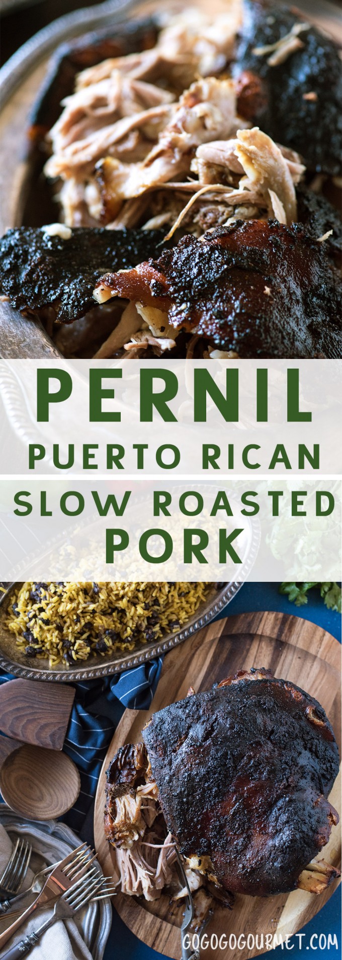 Pernil, Puerto Rican Slow Roasted Pork- tender, meltingly tender pork with amazingly crispy skin. It's delicious and so addictive! #gogogogourmet #pernil #puertoricanpork via @gogogogourmet
