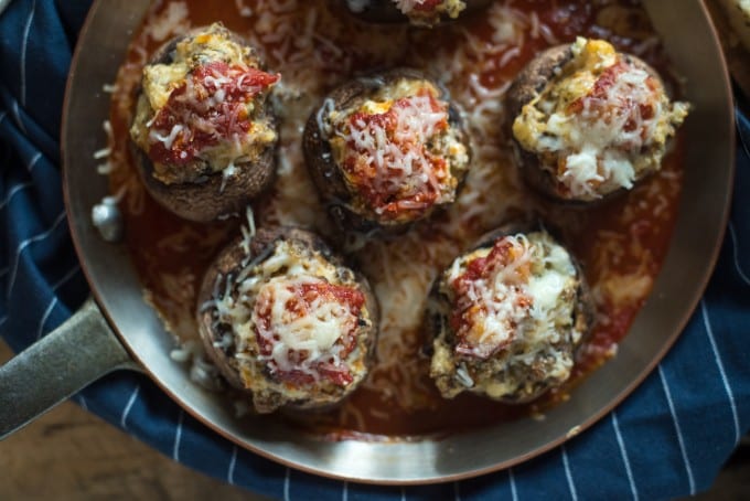 overhead shot of sausage stuffed mushrooms