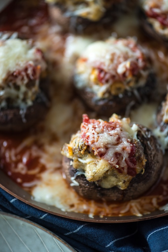 close up of sausage stuffed mushrooms