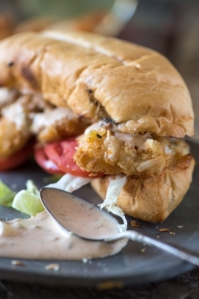 Close up of coconut shrimp po boy