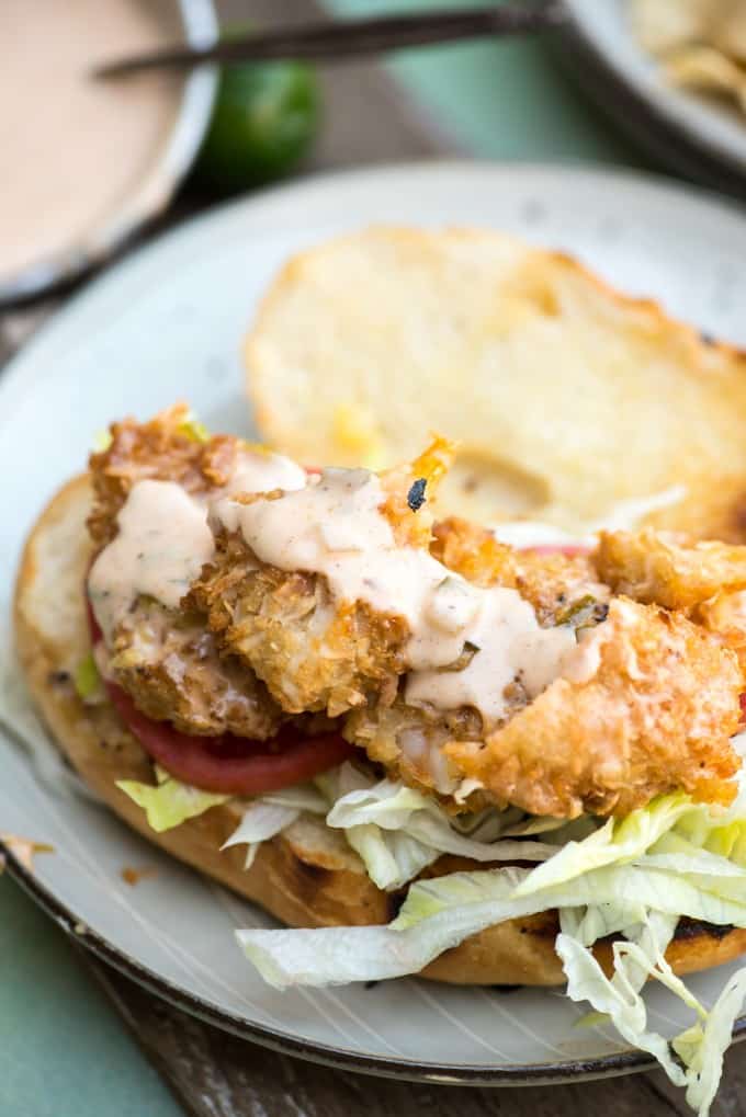 Open faced Coconut Shrimp Po Boy with Key Lime Tartar Sauce 