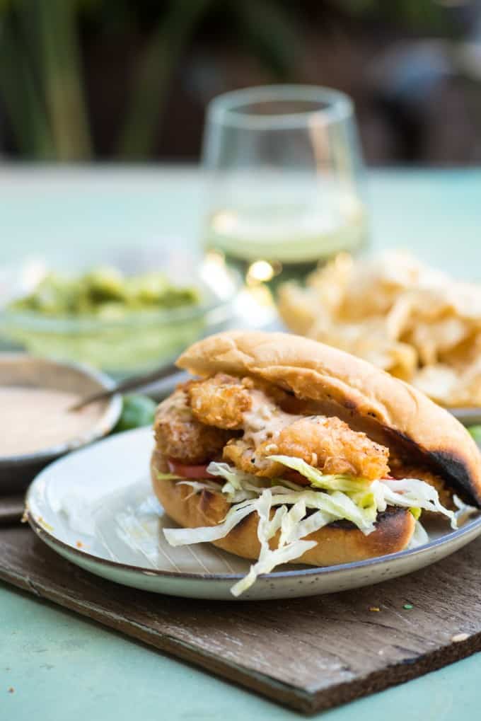 Coconut Shrimp sandwich with wine