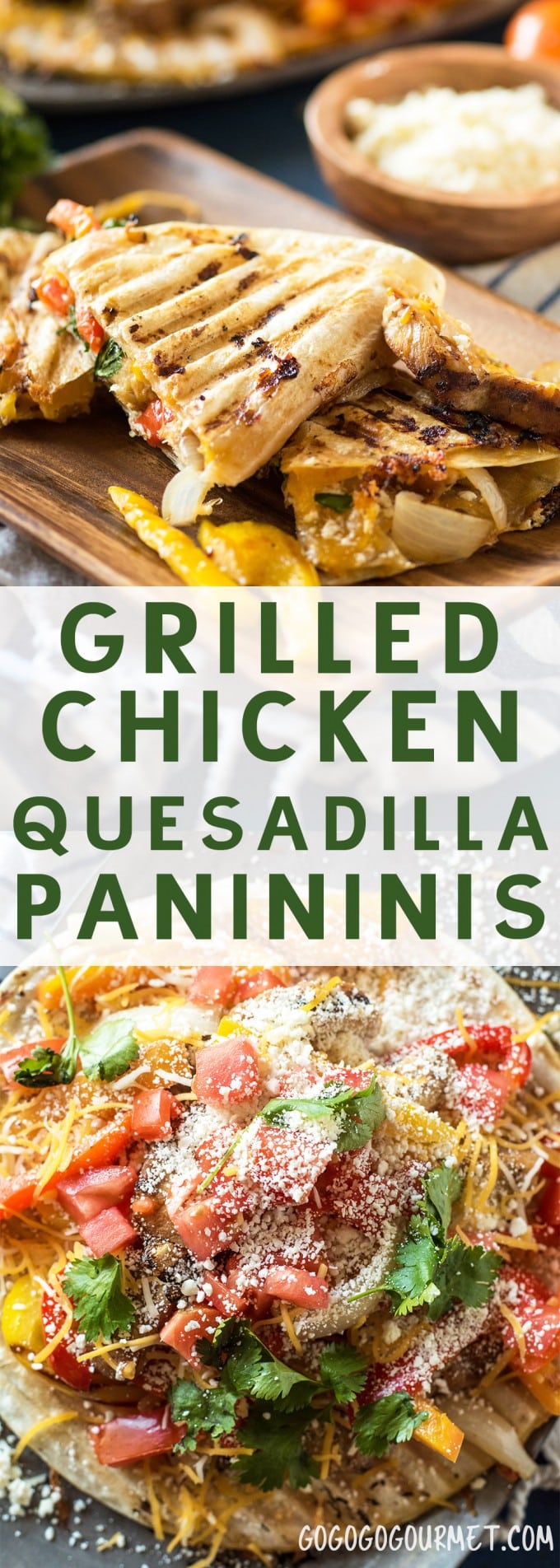 Grilled Chicken Quesadilla Paninis are a fast and easy dinner, ready in under 20 minutes and leave you with no dishes to clean at the end! #gogogogourmet #grilledchickenquesadilla #grilledchickenpanini via @gogogogourmet