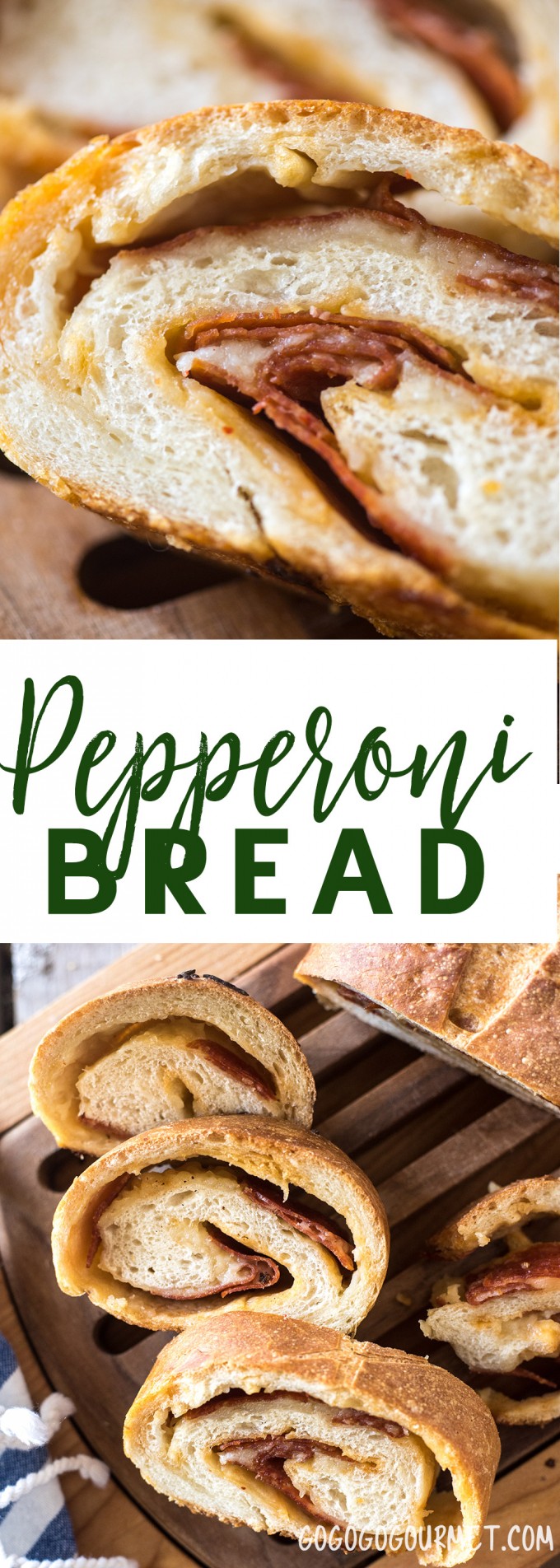 This Pepperoni Bread is a loaf of crusty outside and soft inside Italian bread stuffed with layers of pepperoni and cheese. | via @gogogogourmet