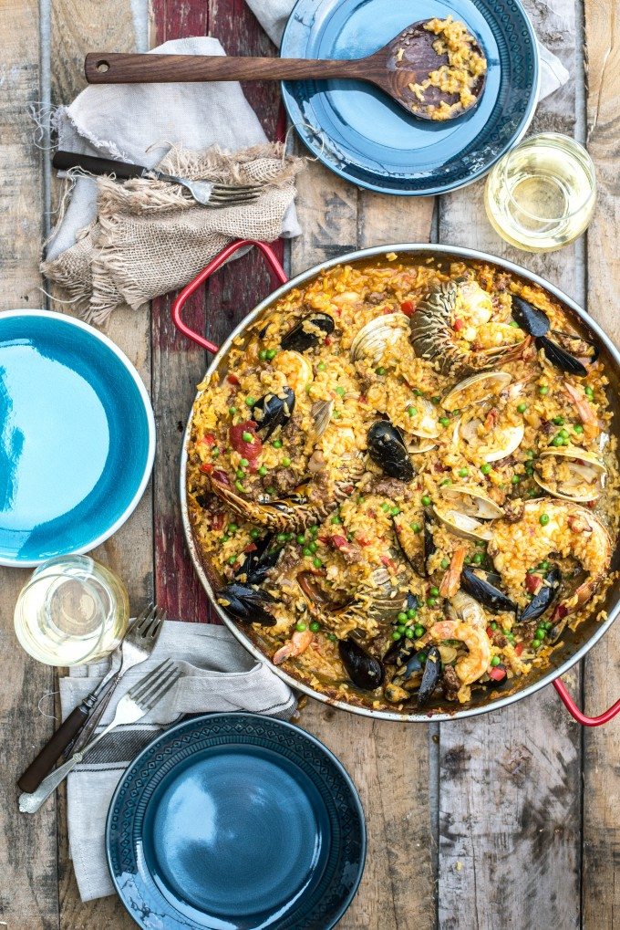 Seafood Paella- a dish packed with flavor! Chorizo, Shrimp, Lobster, Clams, Mussels, Calamari and More! | @gogogogourmet