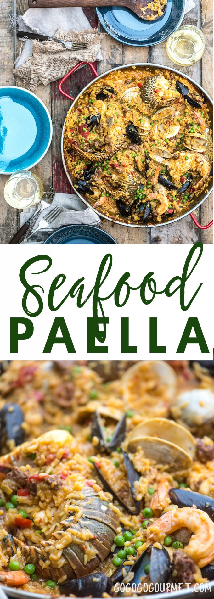 Seafood paella is a flavorful dinner ready to share with friends, chock full of seafood and chorizo.