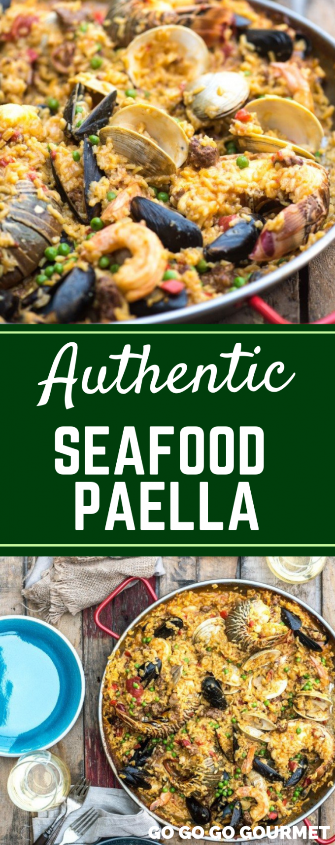 This easy Seafood Paella recipe has authentic Spanish flavor with lobster and lots of other delicious seafood! This traditional dish is also made with chorizo for a complete meal. #gogogogourmet #seafoodpaella #easydinnerrecipes #authenticseafoodpaella via @gogogogourmet