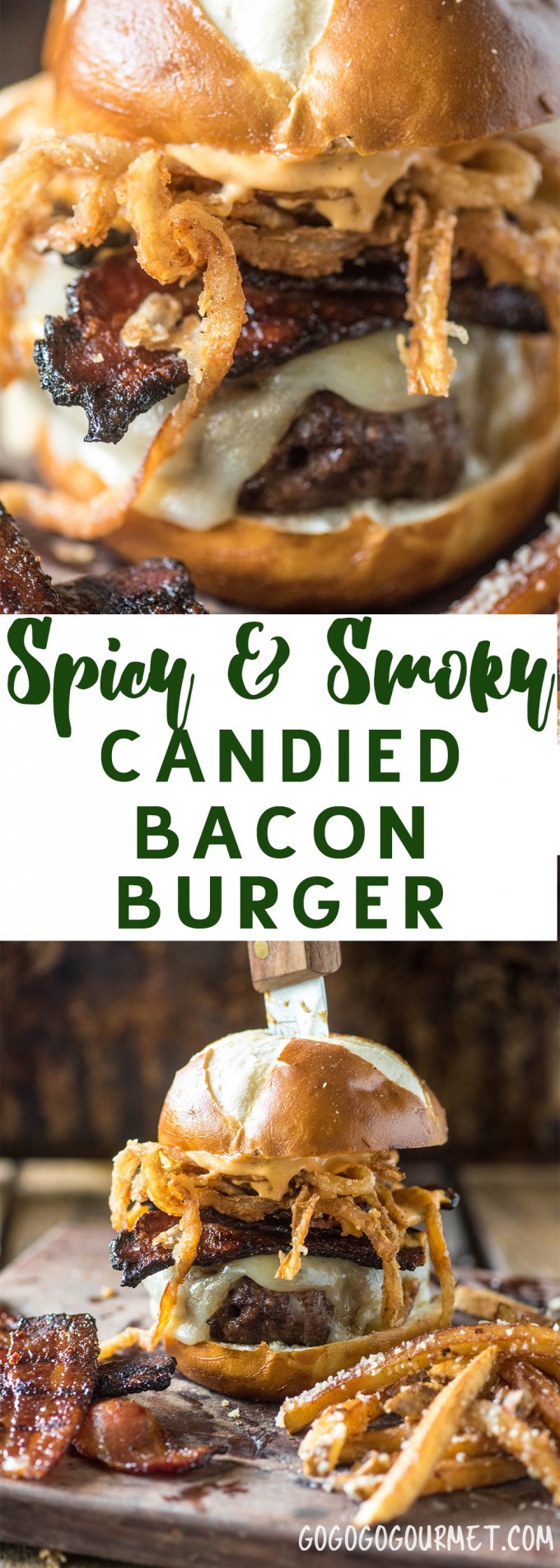This burger has it all- candied bacon, crispy onion straws, a juicy burger patty, melty cheese and a spicy sauce. Out of this world!