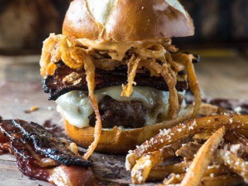 BBQ & Bacon Brisket Burger with Candied Bacon