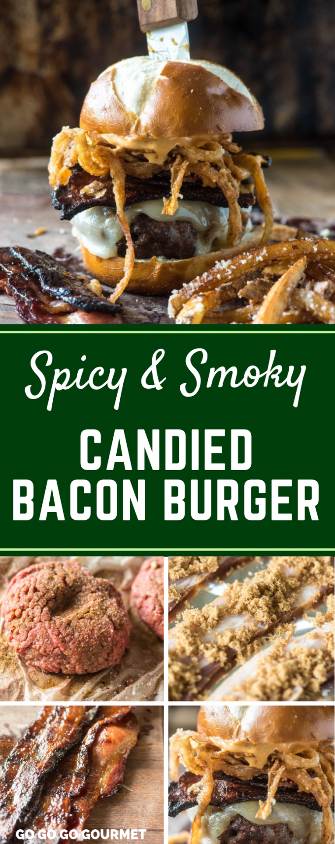This Spicy and Smoky Candied Bacon Burger is one of the best cheeseburger recipes! With juicy burger patties, melty cheese and crispy onion straws, this is a burger that can't be beat! #gogogogourmet #spicysmokycandiedbaconburger #baconburger #candiedbacon  via @gogogogourmet