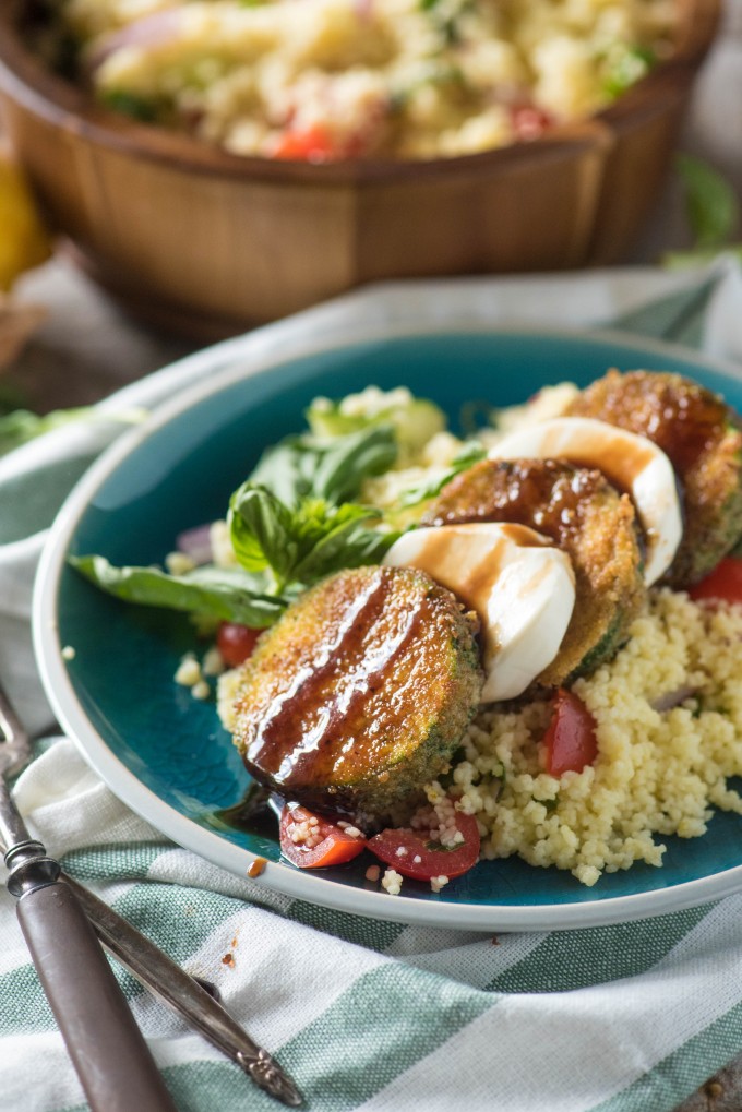 Summer Couscous Salad with Lemon Basil Dressing with Fried Zucchini and Mozzarella| @gogogogourmet