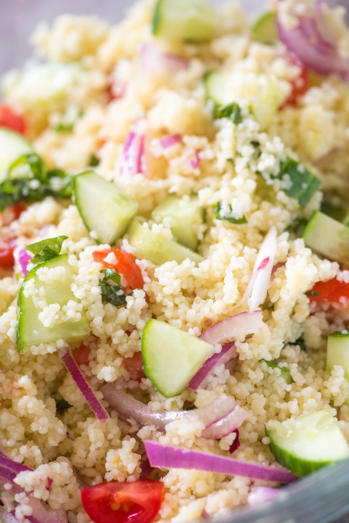 Summer Couscous Salad with Lemon Basil Dressing | @gogogogourmet