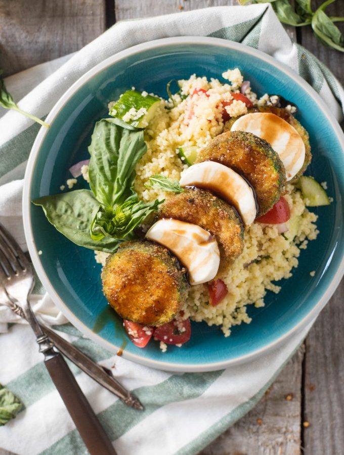 Summer Couscous Salad with Lemon Basil Dressing with Fried Zucchini and Mozzarella| @gogogogourmet