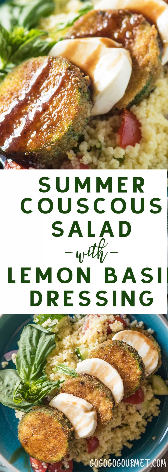 This Summer Couscous Salad with Lemon Basil Dressing is a crisp pasta salad with a tangy dressing. Topping it off with Pan Fried Zucchini and Mozzarella transforms it into a light lunch or dinner!