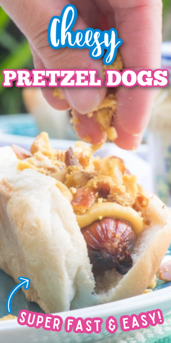 This easy, Cheesy Pretzel Dog recipe is the best! This might just be the easiest homemade BBQ recipe ever, with cheese stuffed hot dogs and crumbled pretzels on top, it can't be beat! #gogogogourmet #cheesypretzeldogs #pretzeldogs #hotdogrecipe via @gogogogourmet