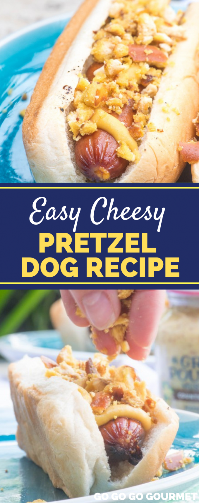 This easy, Cheesy Pretzel Dog recipe is the best! This might just be the easiest homemade BBQ recipe ever, with cheese stuffed hot dogs and crumbled pretzels on top, it can't be beat! #gogogogourmet #cheesypretzeldogs #pretzeldogs #hotdogrecipe via @gogogogourmet