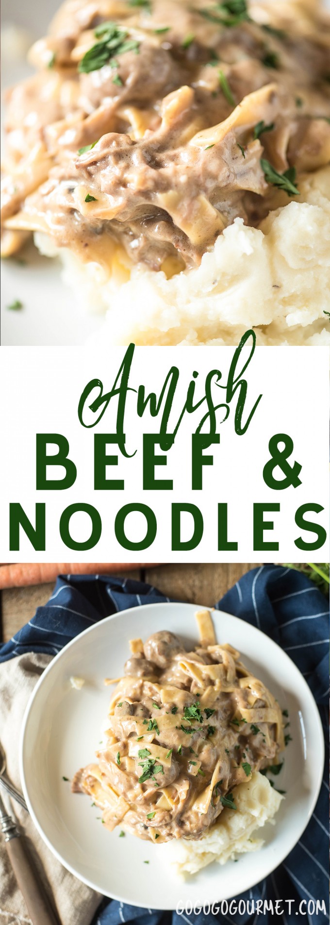 This Amish Beef and Noodles recipe can be made in a slow cooker or an Instant Pot. Served over mashed potatoes, it's an easy and loved dinner recipe! #instantpot #slowcooker #beef #easydinner via @gogogogourmet