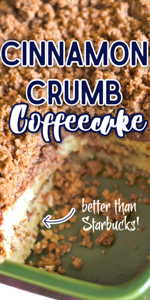 This cinnamon coffee cake recipe is moist, buttery, and full of cinnamon flavor. This is the best recipe for cinnamon crumb cake out there! #breakfast #coffeecake #cinnamon #baking #crumbcake via @gogogogourmet