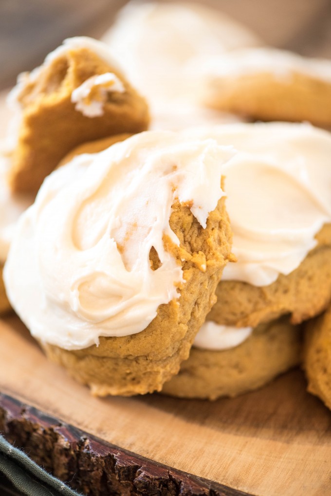 Moist pumpkin cookies on a wooden tray