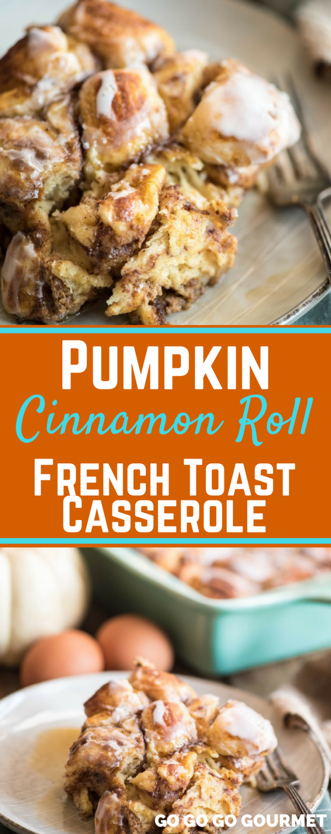 This Pumpkin Cinnamon Roll French Toast Casserole is full of fall flavor and warm spices. It's one of my favorite easy brunch recipes! Made with two cans of cinnamon rolls and baked to perfection, this is a breakfast recipe you will want to make over and over! #pumpkincinnamonrollfrenchtoast #fallrecipes #pumpkinrecipes #brunchrecipes #gogogogourmet via @gogogogourmet