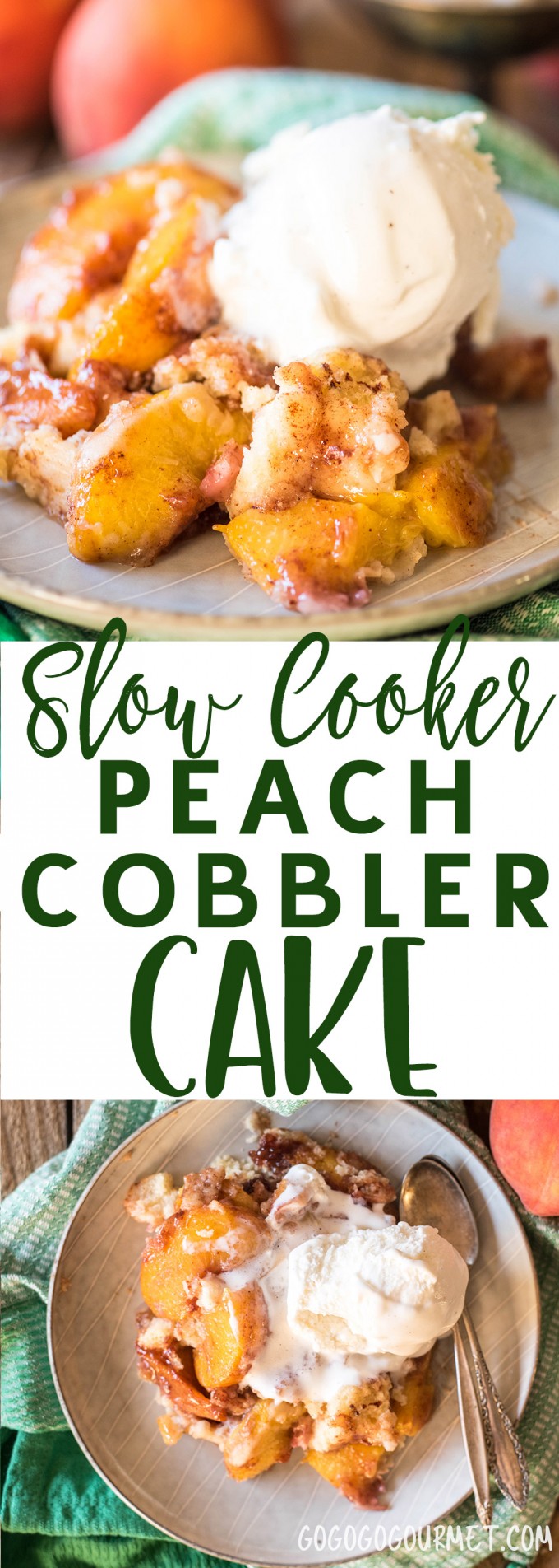 This Slow Cooker Peach Cobbler Cake is a low-fuss, completely delicious, summer cake that is full of ripe peaches! via @gogogogourmet