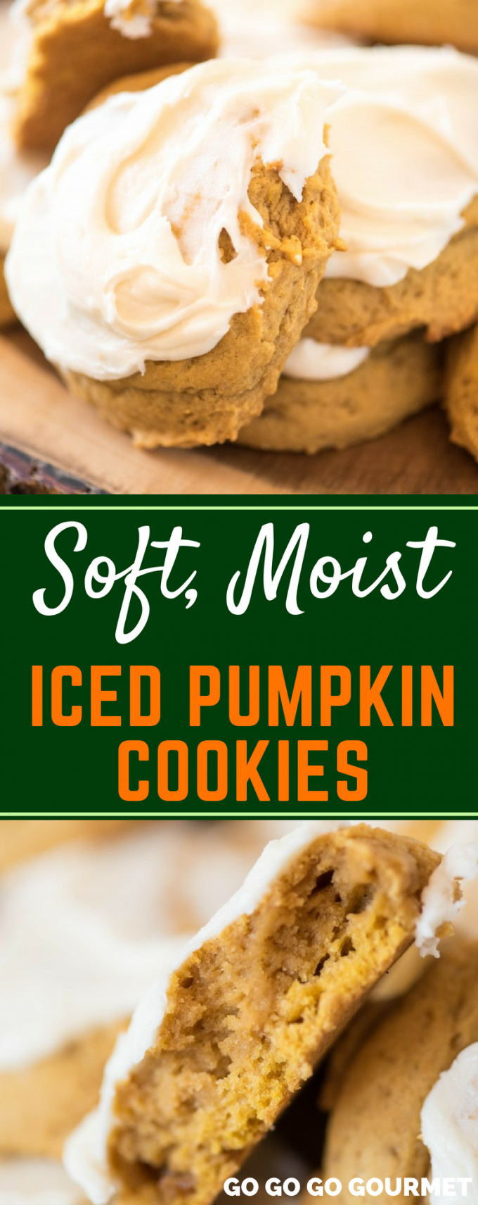 These Soft Iced Pumpkin Cookies are so easy and delicious! Perfectly chewy with all the flavors of fall, they really are the best! You could even add some chocolate chips for some extra flavor! #pumpkinrecipes #falldessertrecipes #softicedpumpkincookies #gogogogourmet via @gogogogourmet