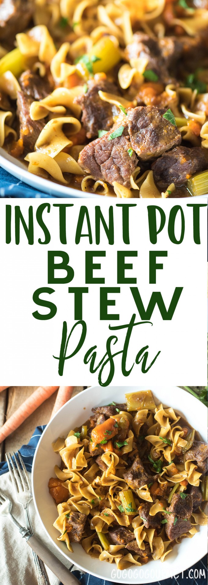 This Instant Pot Beef Stew Pasta is a fabulous way to combine the flavors of warm and comforting beef stew with the heartiness of beef and noodles. #gogogogourmet #instantpotbeefstewpasta #beefstew #comfortfood via @gogogogourmet