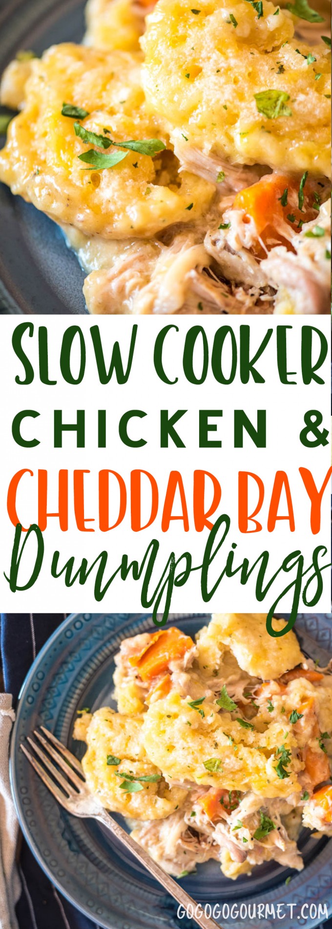 These Slow Cooker Chicken and Dumplings have a special, not-so-secret ingredient for the dumplings- Red Lobster Cheddar Bay Biscuits! #gogogogourmet #slowcookerchickenanddumplings #chickenanddumplings #comfortfood via @gogogogourmet