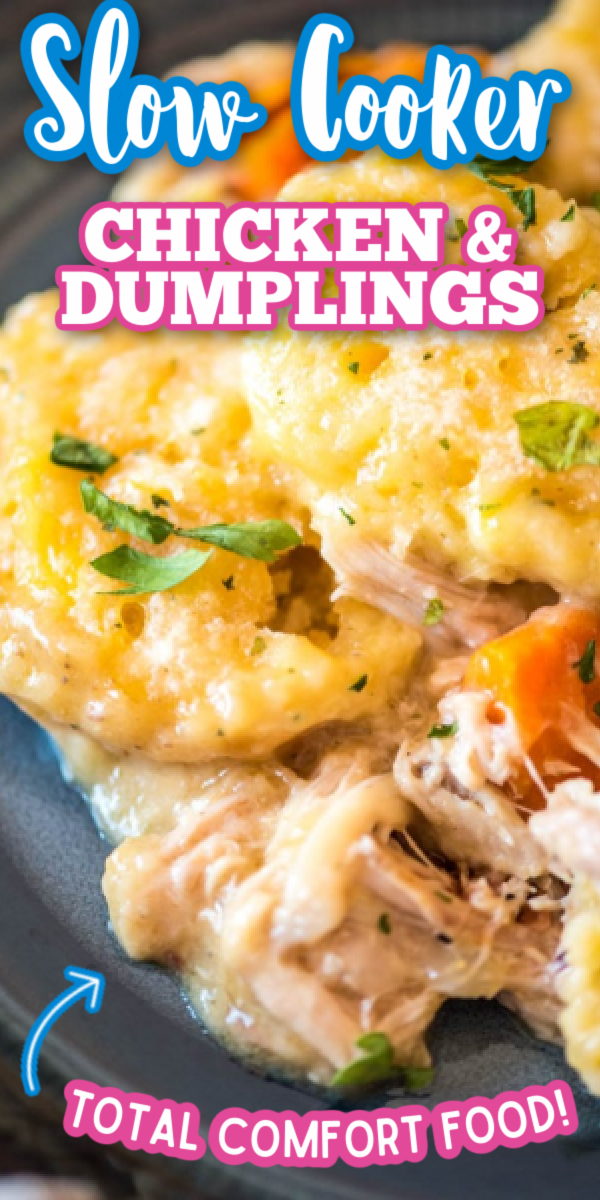 These Slow Cooker Chicken and Dumplings have a special, not-so-secret ingredient for the dumplings- Red Lobster Cheddar Bay Biscuits! #gogogogourmet #slowcookerchickenanddumplings #chickenanddumplings #comfortfood via @gogogogourmet