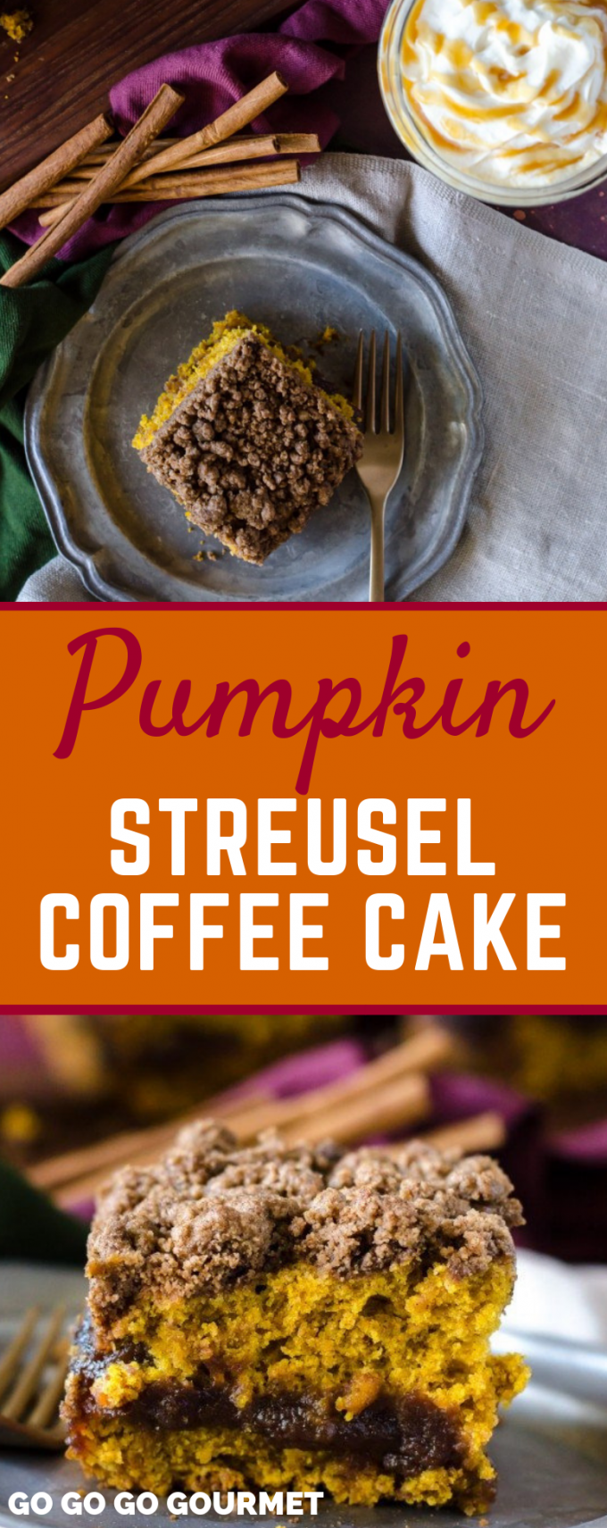 This Pumpkin Coffee Cake is one of the best fall recipes! Chock full of cinnamon with an apple butter filling, it is so moist and delicious. Topped with streusel that's super easy to make, you can't go wrong! #pumpkinstreuselcoffeecake #easyfalldesserts #pumpkinrecipes #gogogogourmet via @gogogogourmet