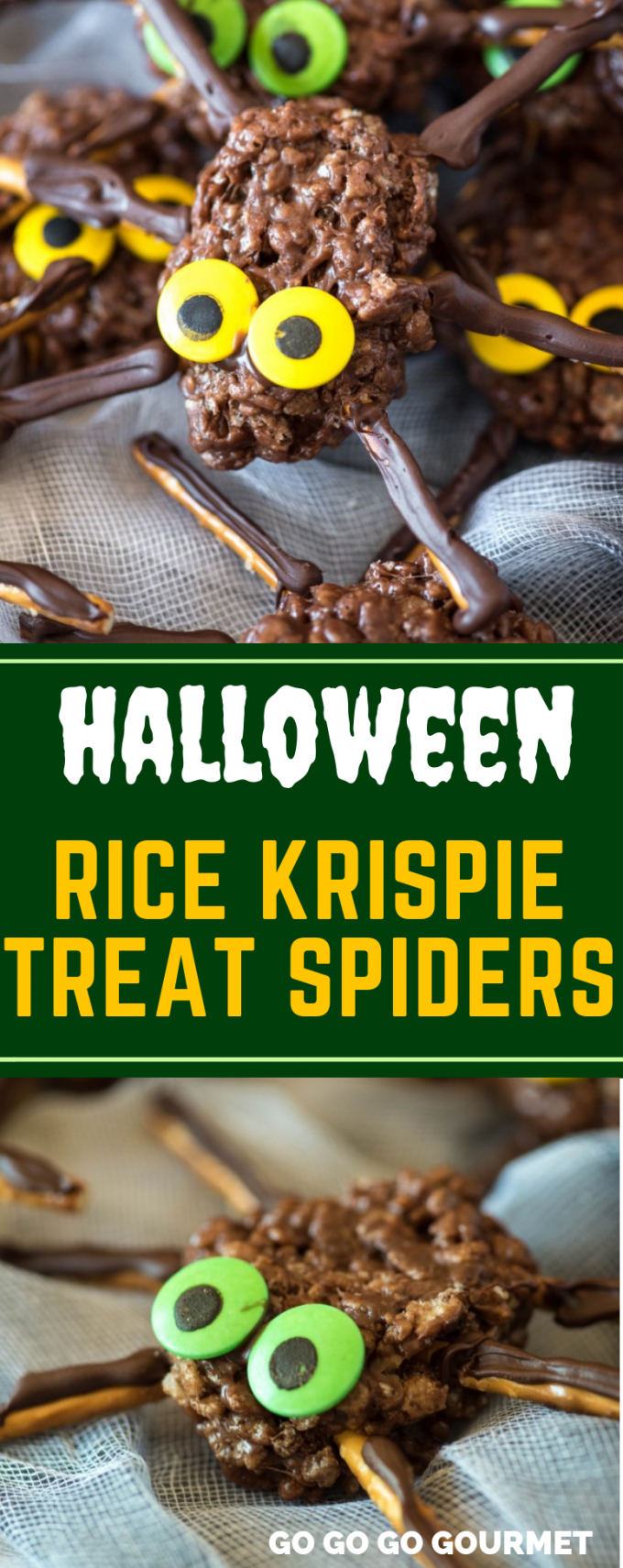 If you're looking for fun recipes for Halloween, look no further! Forget the pumpkins and ghosts, these Chocolate Peanut Butter Rice Krispie Spiders easy enough for the kids to help with, and yummy too! One of the best Halloween desserts ideas ever! #gogogogourmet #chocolatepeanutbutterricekrispiespiders #halloweentreats #halloweendesserts via @gogogogourmet